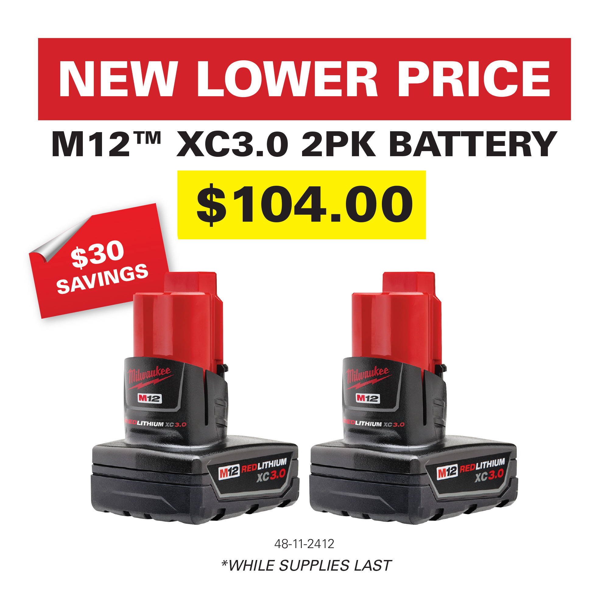 Lower Price Milwaukee M12 XC3.0 2pk Battery